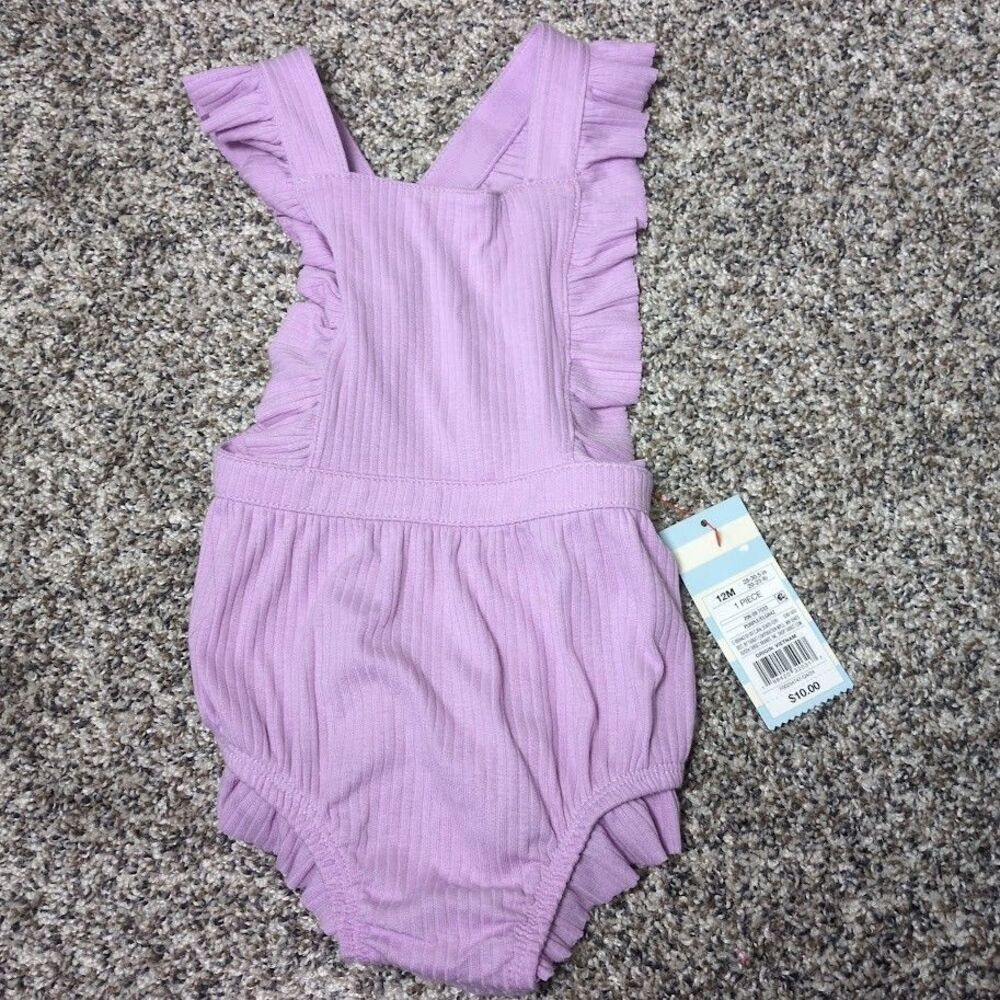 NWT Cat & Jack Baby Lavender Ruffled Romper 6-9 M Ribbed Cotton Blend Sleeveless